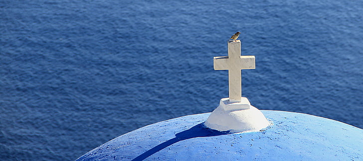 greece, cross, bird, sea, church, spiritual, blue