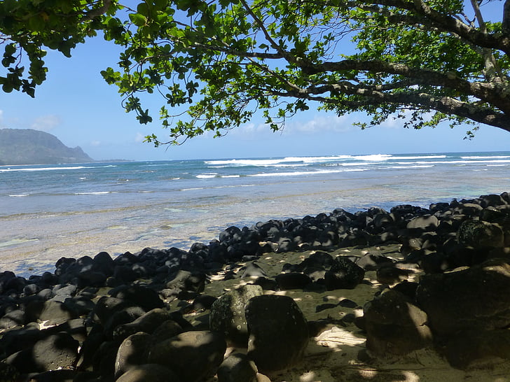Kauai, Hawaii, plage, sable, roches, Côte, falaise