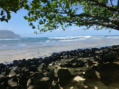 kauai, hawaii, beach, sand, rocks, coast, cliff