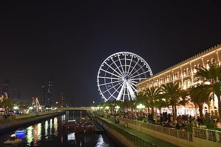 paisagem, fotografia da noite, Parque, roda gigante, saharjah, à noite, Ferris