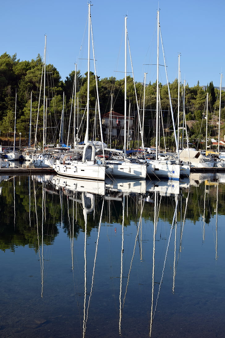 reflectie, zomer, boot, zee, Kroatië, Hvar, zeilen