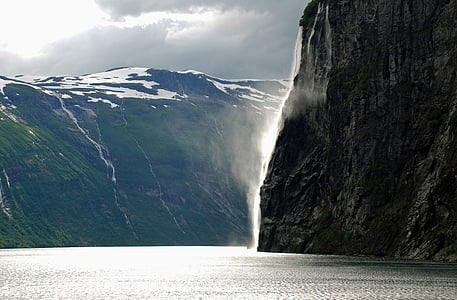fjorden, nordvästra Norge, vattenfall, havet, Mountain, landscpe, Sprey