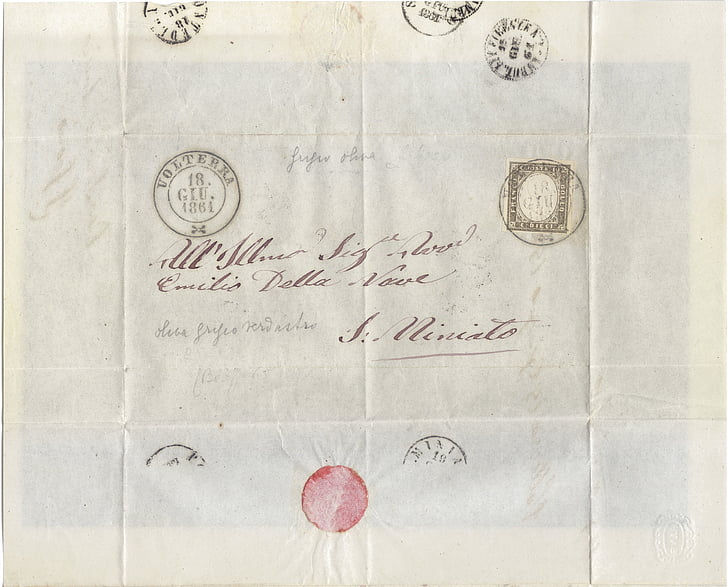 Juni, peta, retro, Surat, Cap, 1861, Sardinia volterra