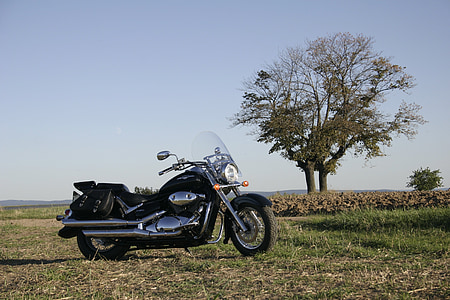 motocikls, Suzuki, velosipēds, melna, jauns, spīdīgs, novietoja
