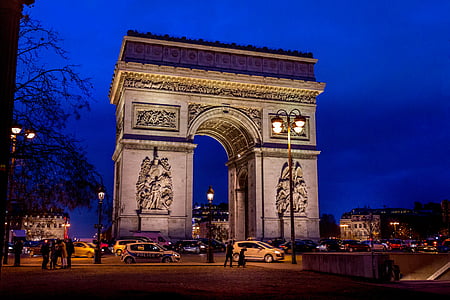 Arc de triomphe, Parijs, Frankrijk, monument, nacht, triomfboog, reisbestemmingen