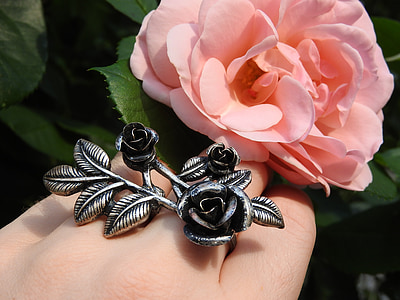 пръстен, бижу, Роза, цвете, розово, сребро