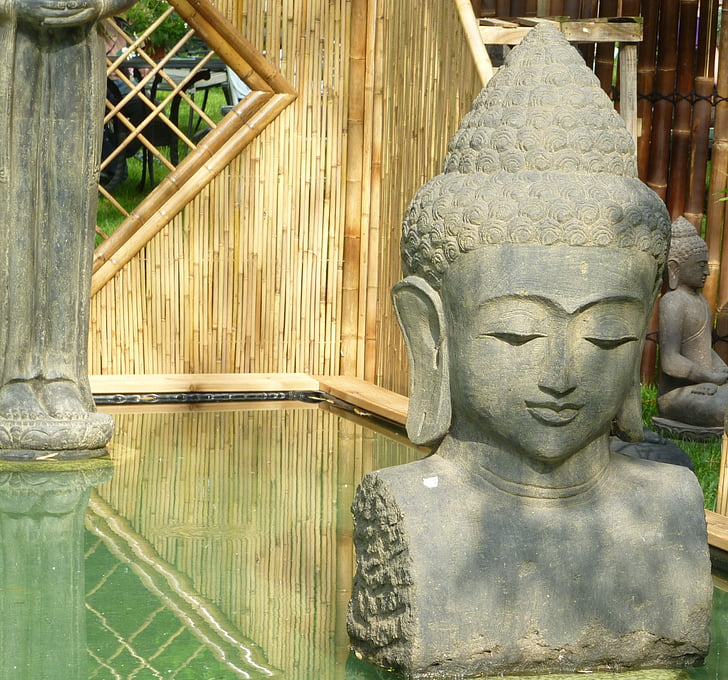 Bouddha, Yoga, Zen, tête, statue de, étang, buste