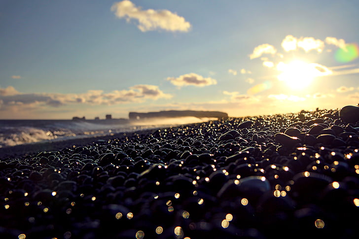 beach, dawn, depth of field, dusk, ocean, outdoors, pebbles