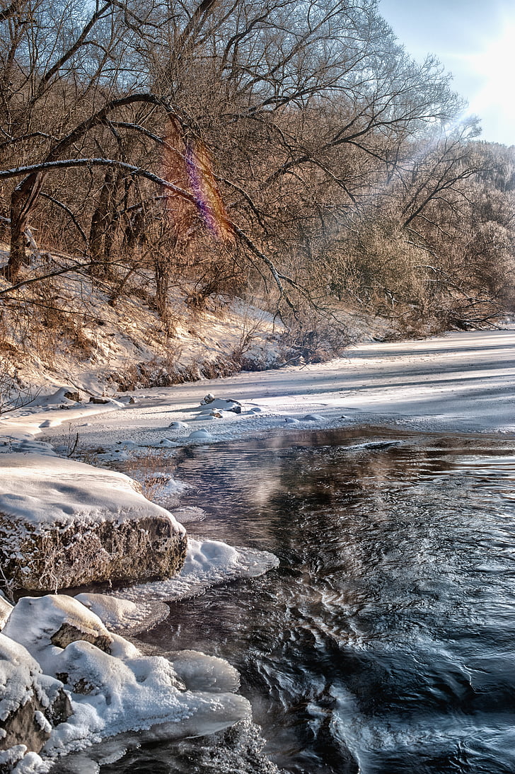Ποταμός, χειμώνα στον ποταμό, Ήλιος, το έντονο φως, γρήγορο ύδωρ, Χειμώνας, χιόνι