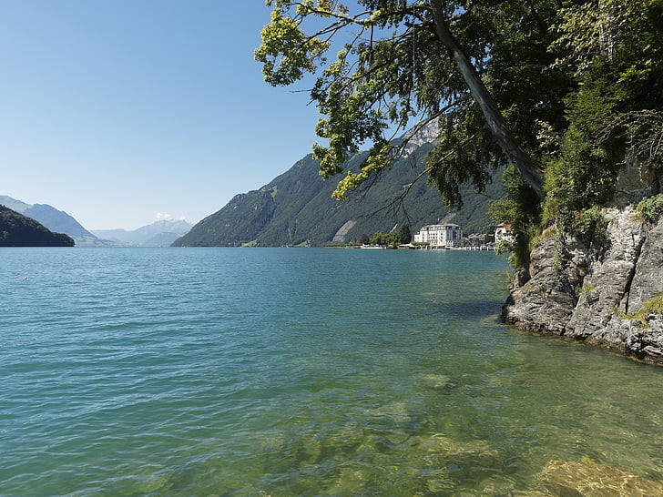 Göl, su, su kenarında, İsviçre, Lucerne, Brunnen, bağlantı noktası
