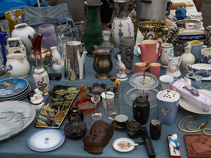loppemarked, stå, Cup, briller, Bordservice, Krim ting, kulturer