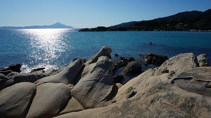 Grækenland, calkidiki, sten, havet, solen, blå himmel, ferie