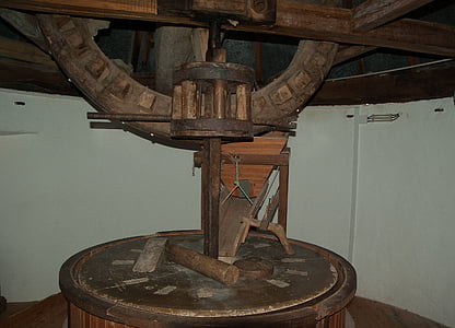 Mill, redskap, fälgar, mekanism, remskiva, gamla, gammaldags