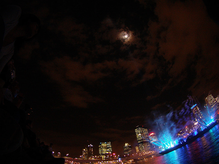 show de laser, laser, Brisbane, cidade, luzes, à noite, luzes da cidade de Brisbane
