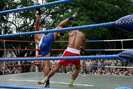 Muay thai, demonstravimo, konkurencijos, sportininko, kovotojai, žiedas, Tailandas