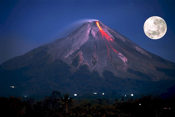volcano, erupting, full moon, mountain, mt merapi, indonesia, eruption