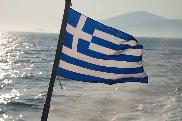 zászló, Görögország, tenger, nézet, mediterrán, Földközi-tenger, nap