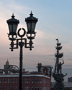 moscow, russia, lantern, center, petr pervyj, sculpture, silhouette