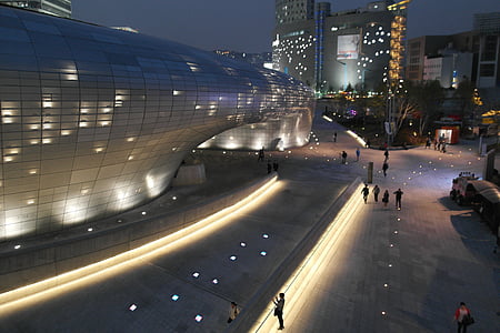 moderna, struktur, nattvisning, natt, på kvällen, staden, Seoul