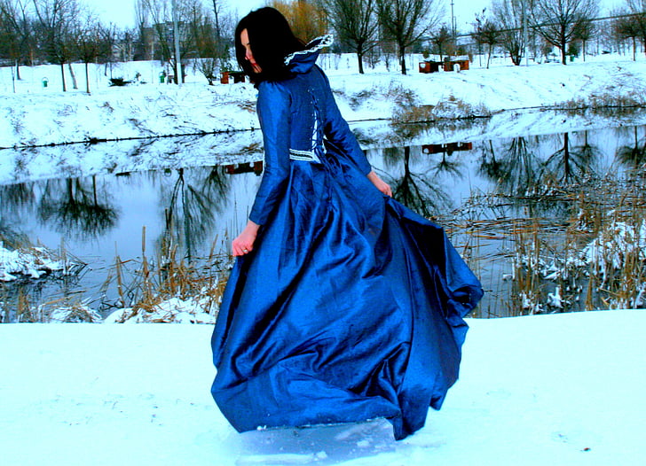 meitene, princese, sniega, zila, kleita, jauks, sievietes