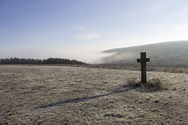 frost, landscape, cross, hill, fog, valley, weather