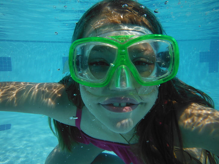 podvodni plivač s maskom, ljeto, bazen, Sunce, nasmijana, pod vodom, tijekom