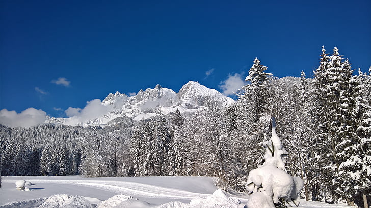 wilderkaiser, sniego, žiemą, Tirolis, kalnai, kraštovaizdžio, saulėtą dieną