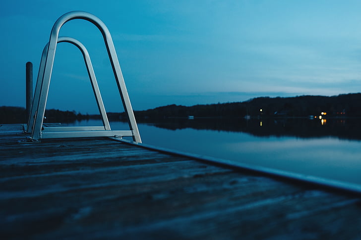 dock, ladder, steps, lake, water, night, reflection