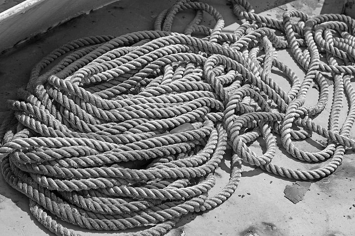 black and white, rope, marine, nautical, tangled rope, coiled rope, boat