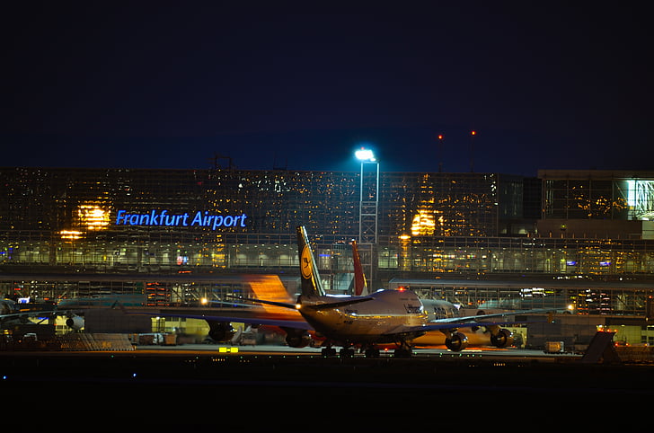Frankfurt, lentokenttä, Fraport, Boeing, 747, yö, matkustajalentokone