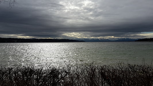 lake, clouds, mountains, gloomy, sky, nature, landscape