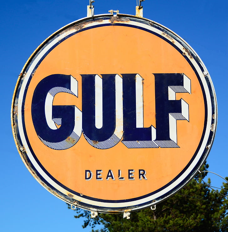 Gulf oil tegn, rustik, antik, gamle, benzin, brændstof, baggrund