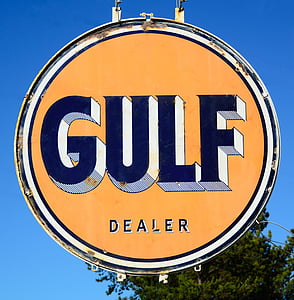 Gulf olja sign, rustik, Antik, gamla, bensin, bränsle, bakgrund
