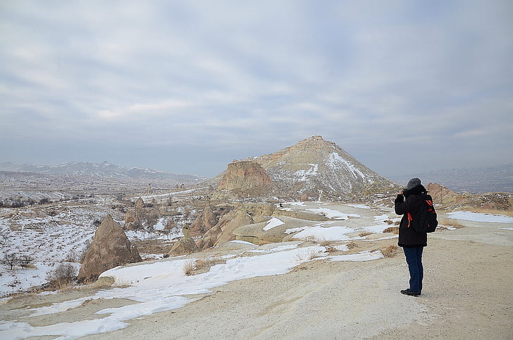 Cappadocia, de sex feminin, fată, femeie, iarna, natura, zăpadă