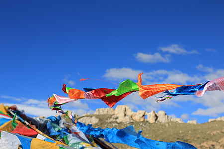 チベット, 祈りのフラグ, 信仰, 自然, ブルー, 複数の色, 空