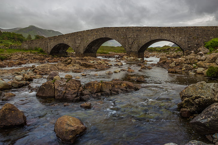 sligachan, tilts, Isle of skye, Skotija, ainava, upes, ūdens