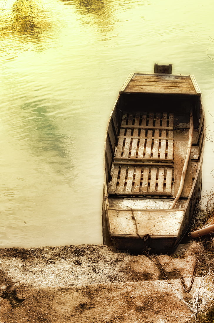 boat, empty, old, river, water, summer, wood