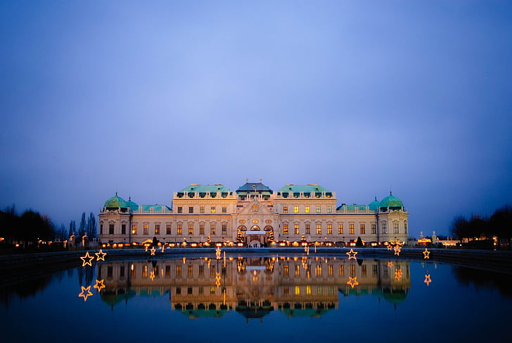 Viedeň, noc, Rakúsko, Belvedere, hrad, zrkadlenie, Architektúra