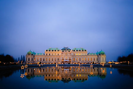 Viena, noche, Austria, Belvedere, Castillo, espejado, arquitectura