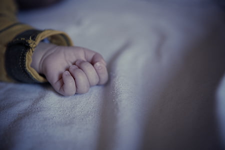 bebê, criança, dedos, mão