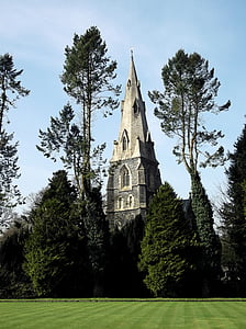 spire, church, park, trees, sky, architecture, building