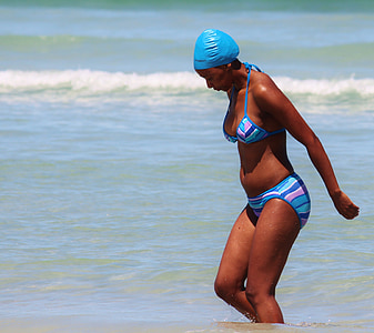 woman, afrikanerin, ocean, swim, swimsuit, bathing cap, black