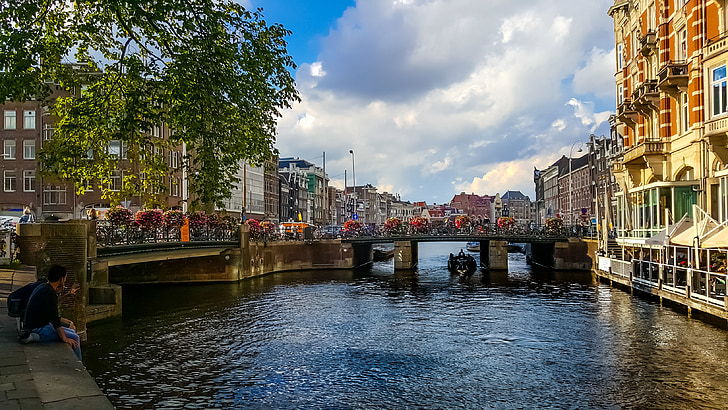 Амстердам, канал, пътуване, пътуване, лодки, мост, хотел