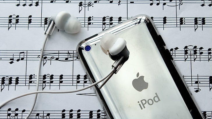 ipod, ヘッドフォン, 音楽, メロディー, 音符, 音部記号, notenblatt