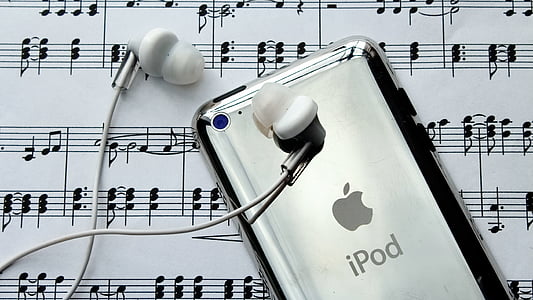 iPod, hoofdtelefoon, muziek, melodie, muzieknoot, Clef, notenblatt