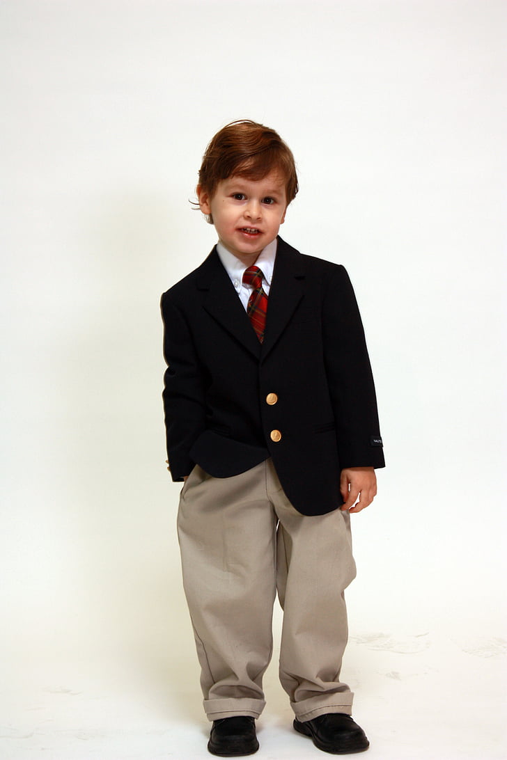 Pojke, porträtt, kostym, formella, stilig, jacka, slips