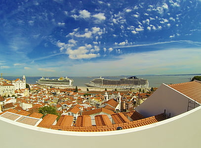 Lisszabon, tenger, hajó, pároló, tető, narancs, nyári