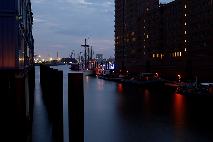 Hamburg, kapal, kota pelabuhan, Elbe, Port, malam, Pelabuhan