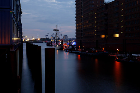 Hamburg, fartyg, hamnstad, Elbe, hamn, natt, hamnen