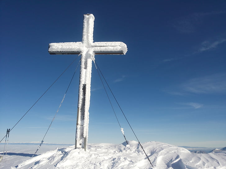 cross, summit, snow, mountain, winter